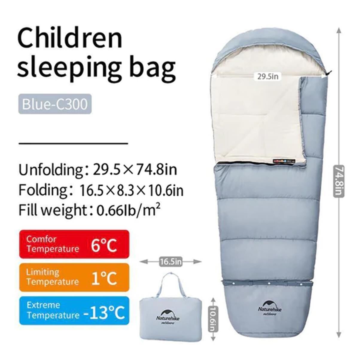 Naturehike C300 UltraLight Pamuklu Uyku Tulumu -13°C ( Çocuk ) MAVİ - Right