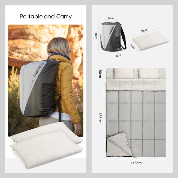 Naturehike HD250 Zarf Tarzı Yastıklı Çift Kişilik Pamuklu Uyku Tulumu Grayish Brown