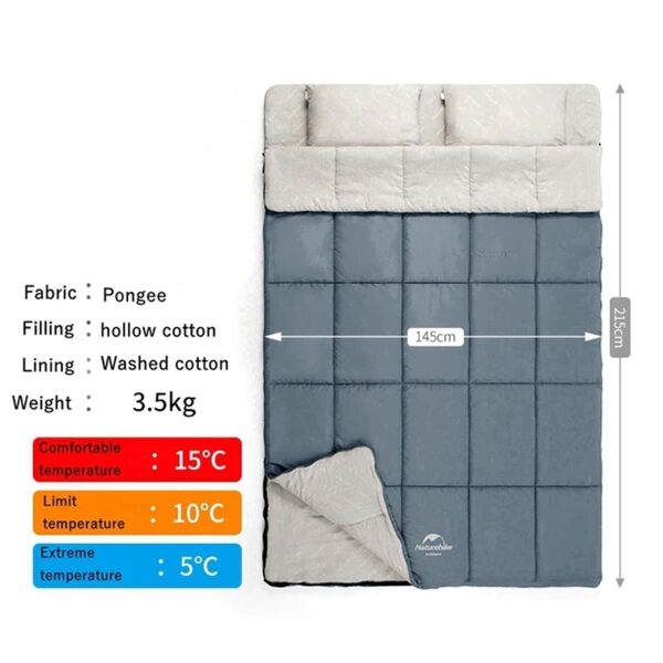 Naturehike HD250 Zarf Tarzı Yastıklı Çift Kişilik Pamuklu Uyku Tulumu Shadow Blue