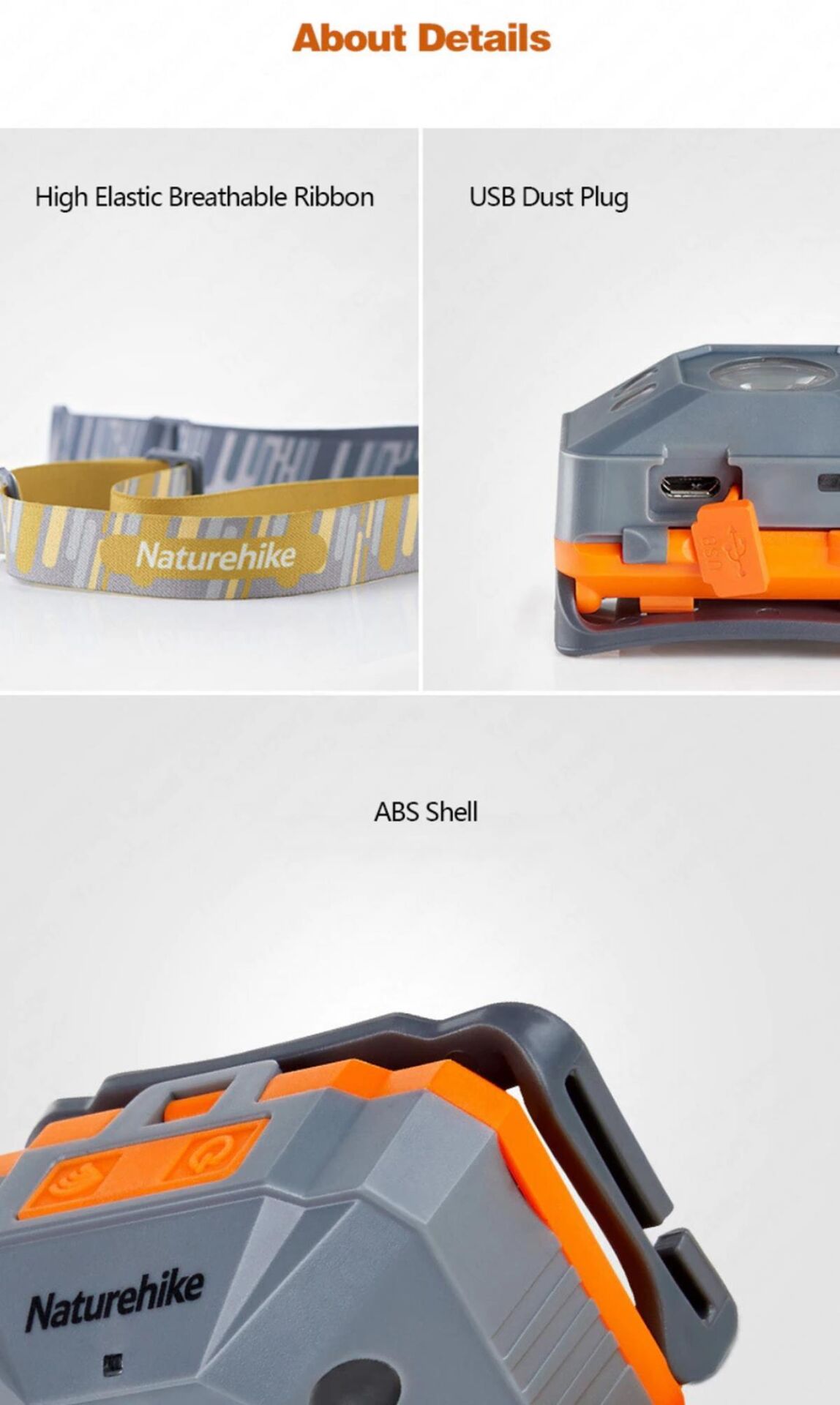 Naturehike USB Şarjlı LED Kafa Lambası ( 1200mAh ) GRİ