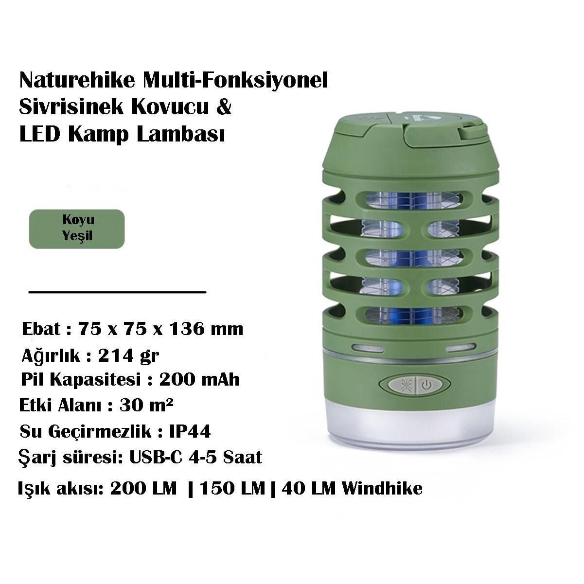 Naturehike Multi-Fonksiyonel Sivrisinek Kovucu & LED Kamp Lambası YEŞİL