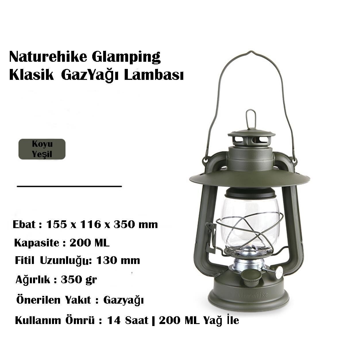 Naturehike Glamping Klasik GazYağı Lambası KOYU YEŞİL
