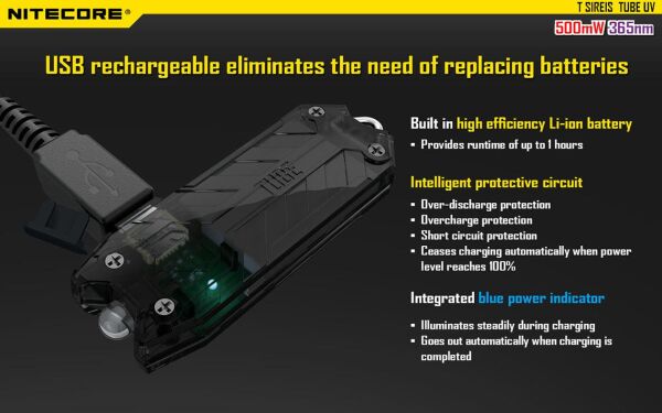 Nitecore Tube UV 500mW Anahtarlıklı Fener (Siyah)