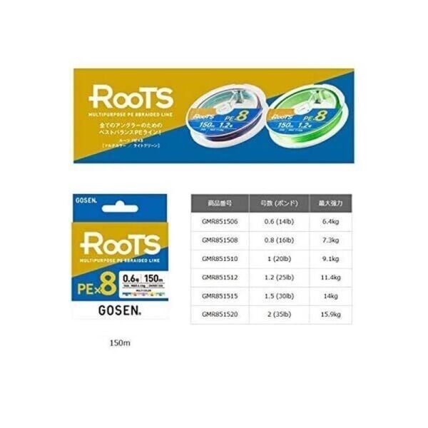 Gosen X8 Roots PE 8 Örgü Spin İp Misina 150mt Multi Color MULTİCOLOR - 0,171 MM