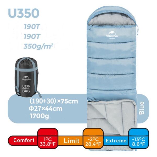 Naturehike U350 Zarf Tarzı Kapüşonlu Uyku Tulumu -13°C MAVİ - Right