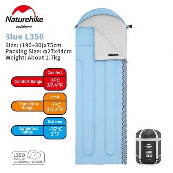 Naturehike L350 Zarf Tarzı Kapüşonlu Uyku Tulumu -15°C MAVİ - Left