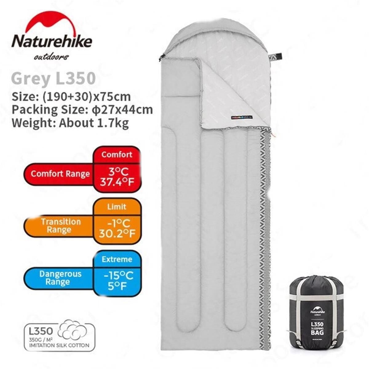 Naturehike L350 Zarf Tarzı Kapüşonlu Uyku Tulumu -15°C GRİ - Left