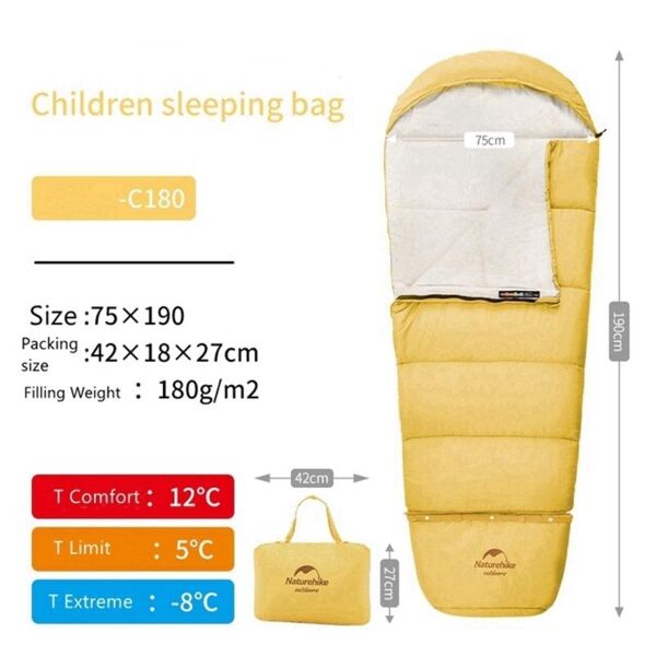 Naturehike C180 UltraLight Pamuklu Uyku Tulumu -8°C ( Çocuk ) Sarı - Right