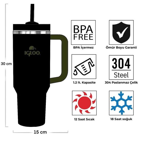İgloo Stadler Thermo-Mug 1.2 Litre Pipetli Termos Bardak Siyah/Haki