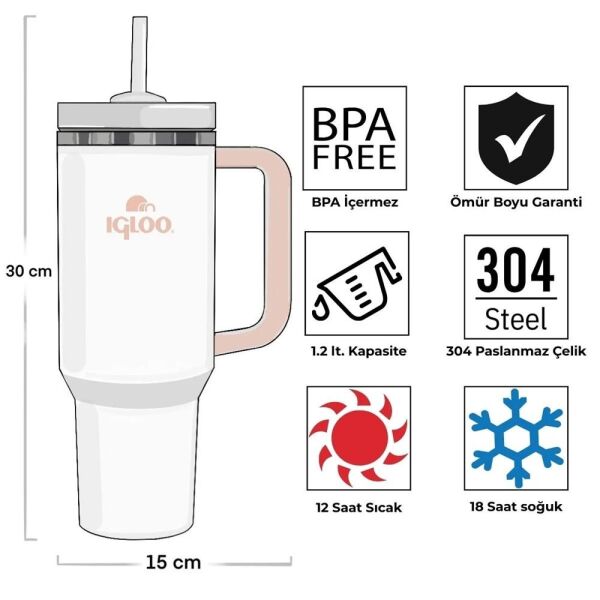 İgloo Stadler Thermo-Mug 1.2 Litre Pipetli Termos Bardak Beyaz/Somon