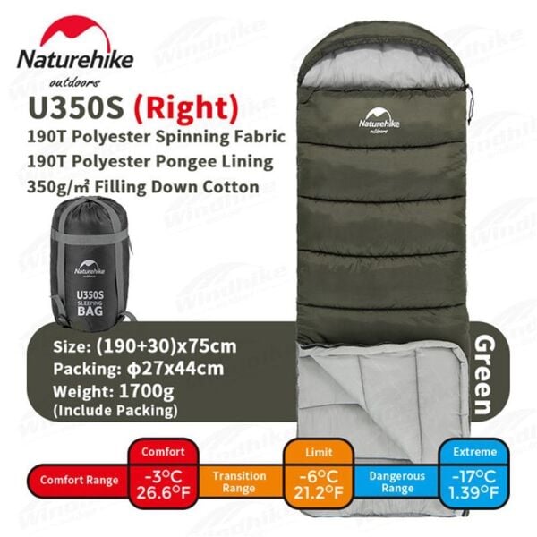 Naturehike U350S Zarf Tarzı Kapüşonlu Uyku Tulumu -17°C HAKİ - Left