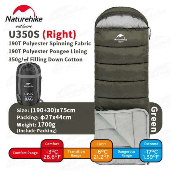 Naturehike U350S Zarf Tarzı Kapüşonlu Uyku Tulumu -17°C HAKİ - Right