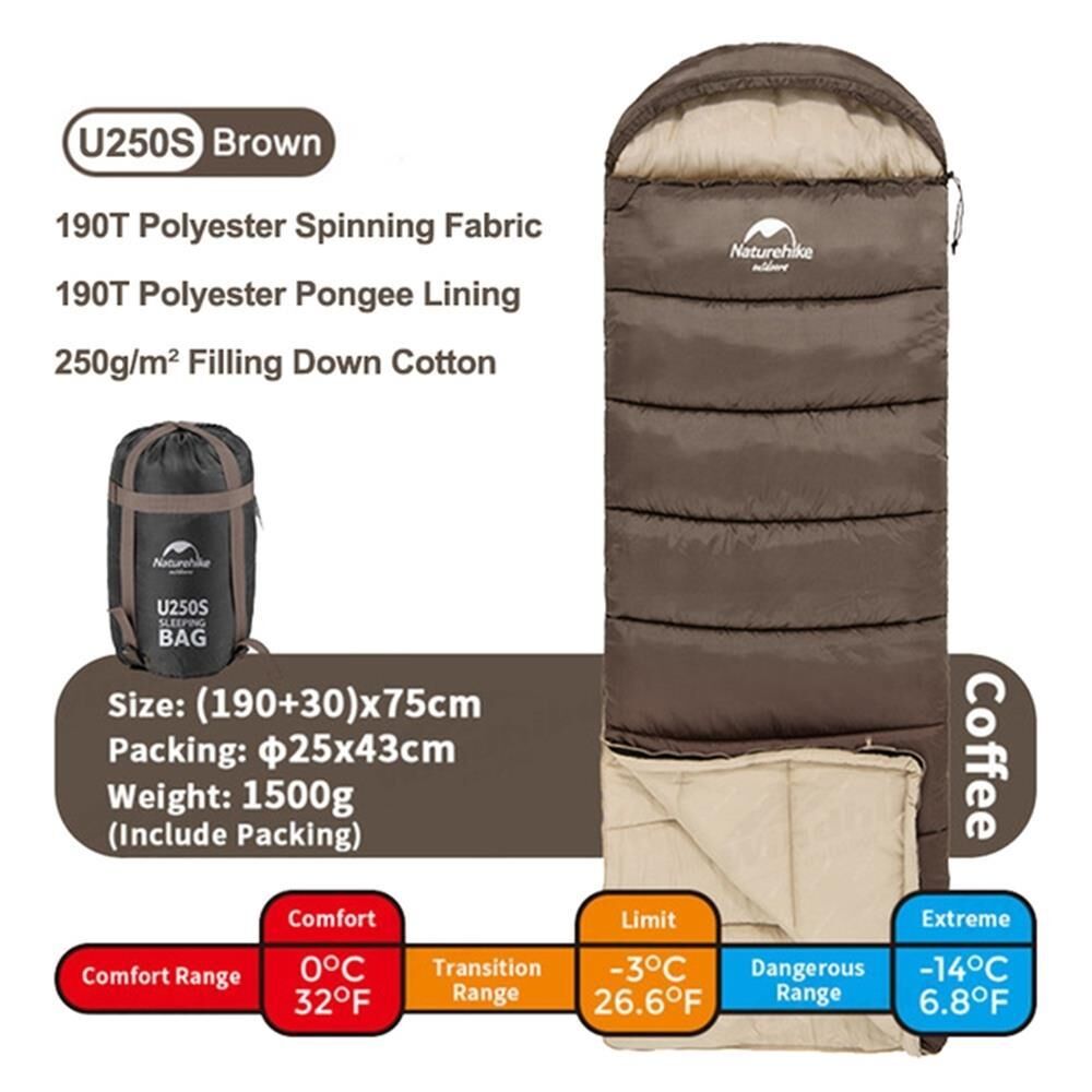 Naturehike U250S Zarf Tarzı Kapüşonlu Uyku Tulumu -14°C KAHVERENGİ - Right