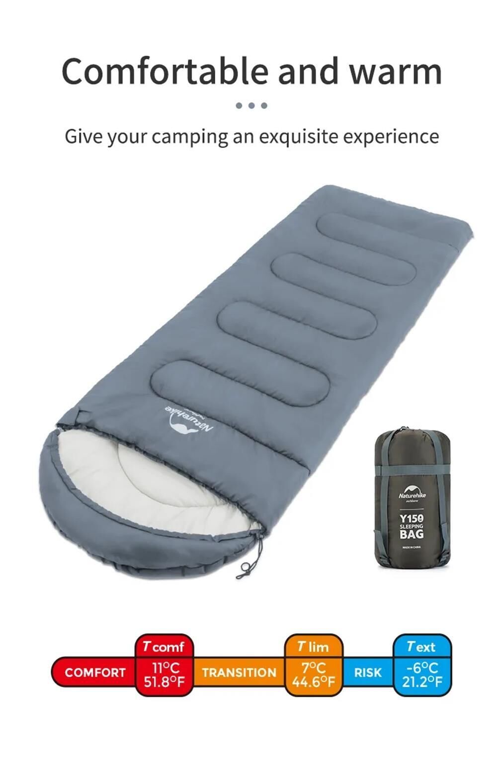 Naturehike Y150L Zarf Tarzı Kapüşonlu Pamuklu Uyku Tulumu -6°C MAVİ - Right