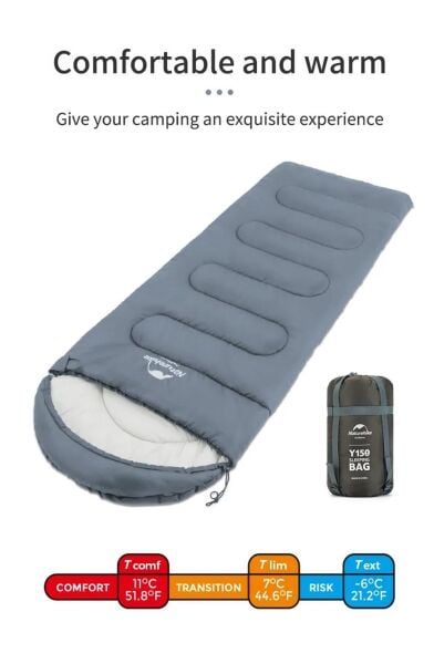 Naturehike Y150L Zarf Tarzı Kapüşonlu Pamuklu Uyku Tulumu -6°C MAVİ - Right
