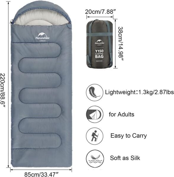 Naturehike Y150L Zarf Tarzı Kapüşonlu Pamuklu Uyku Tulumu -6°C MAVİ - Right