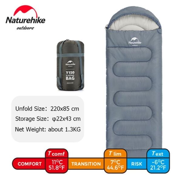 Naturehike Y150L Zarf Tarzı Kapüşonlu Pamuklu Uyku Tulumu -6°C MAVİ - Right